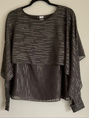 DKNY Black Sheer Metallic-Striped Overlay Blouse